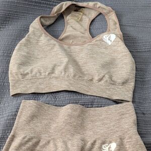 Seamless Heathered Sports Bra and Leggings Set - Beige